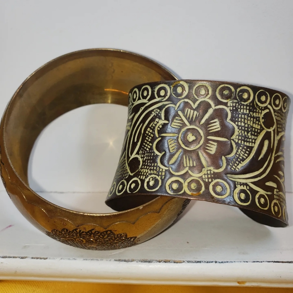 Two Vintage Etched Brass Cuff and Chunky Peacock Bangle Bracelets